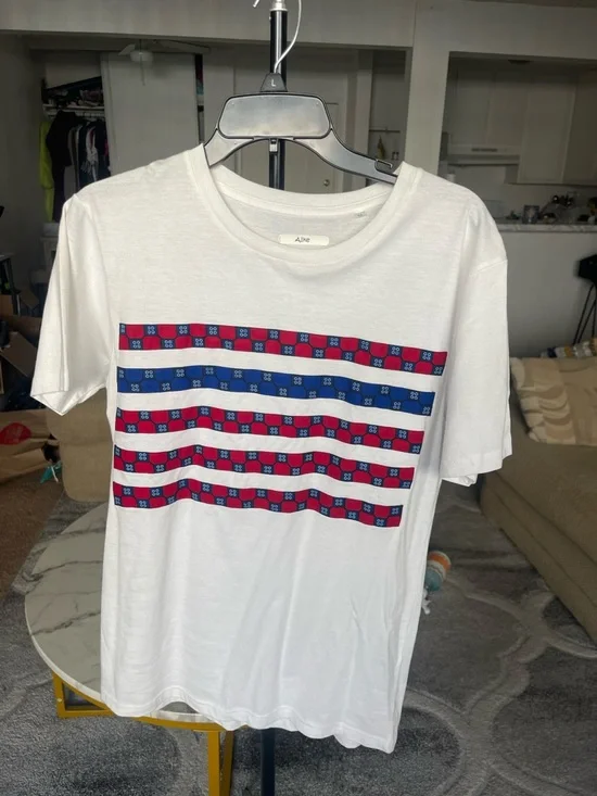 Aike White African Wax Print Stripe Graphic Tee | Size L - Picture 7 of 8